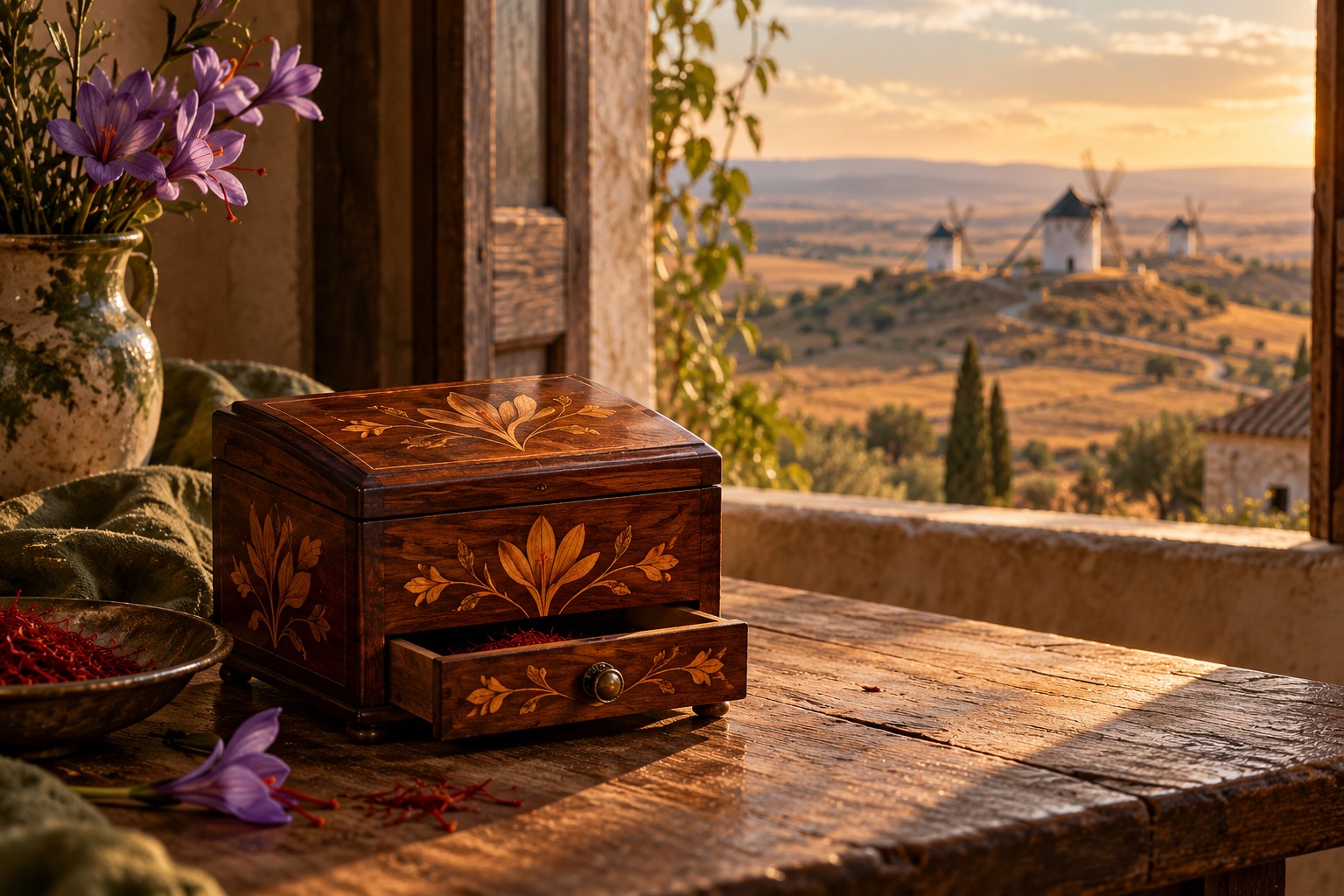 A wooden jewelry box in warm window light, with distant Spanish windmills